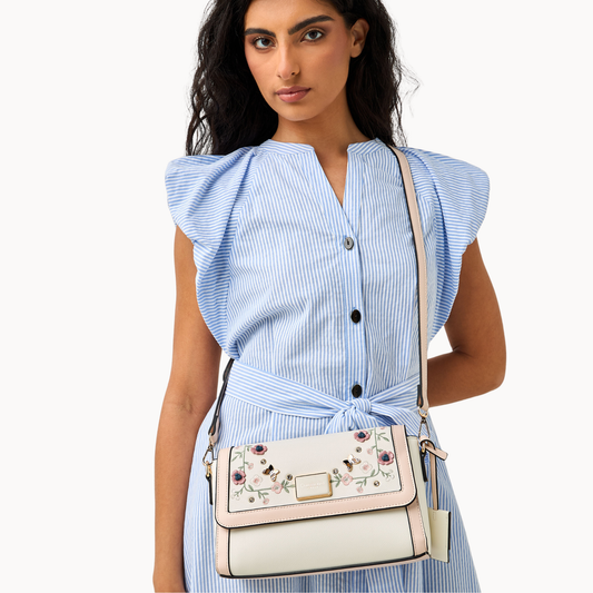 White Floral Embroidered Crossbody Bag with Magnetic Flap Closure