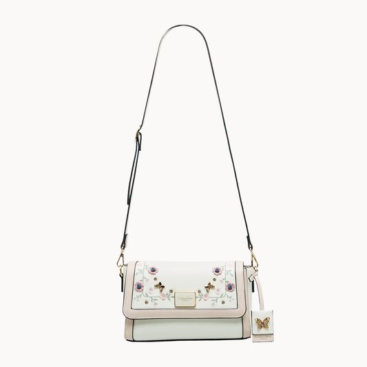 White Floral Embroidered Crossbody Bag with Magnetic Flap Closure