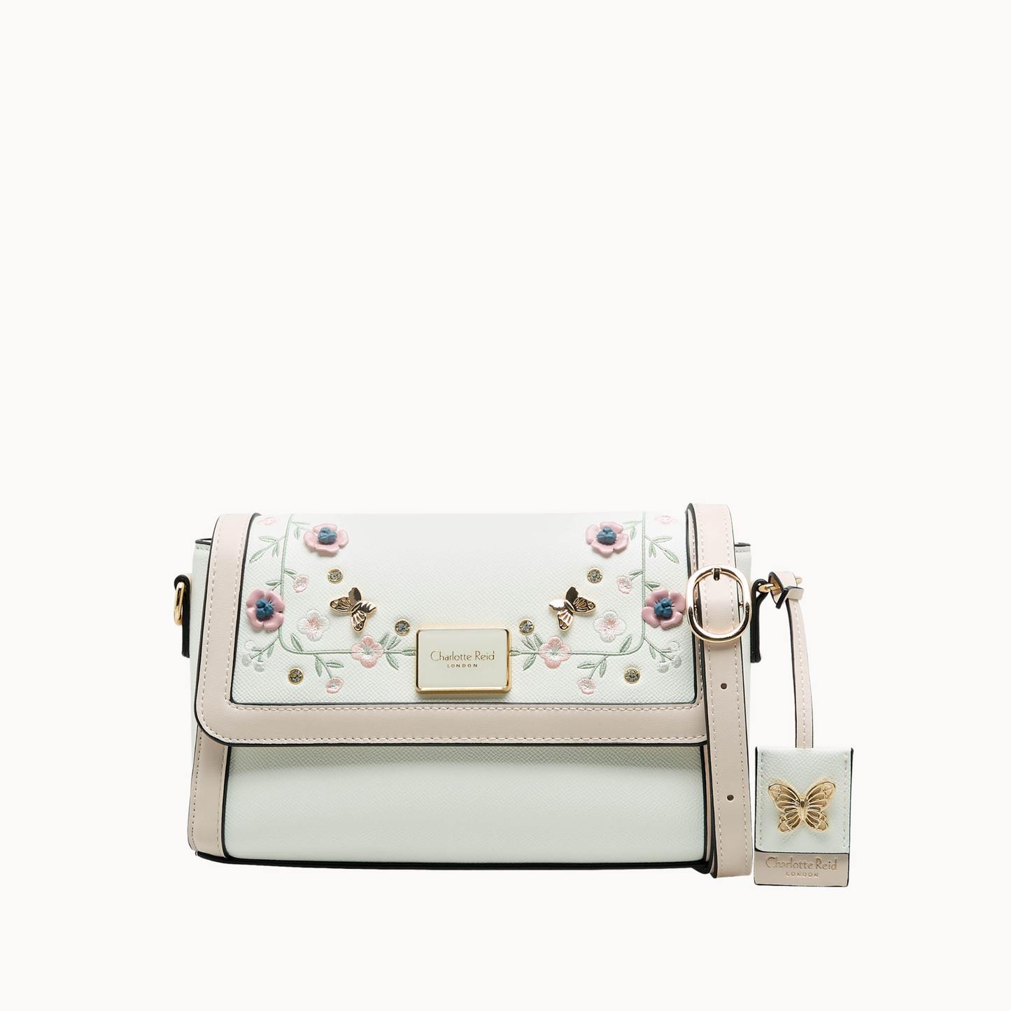 White Floral Embroidered Crossbody Bag with Magnetic Flap Closure