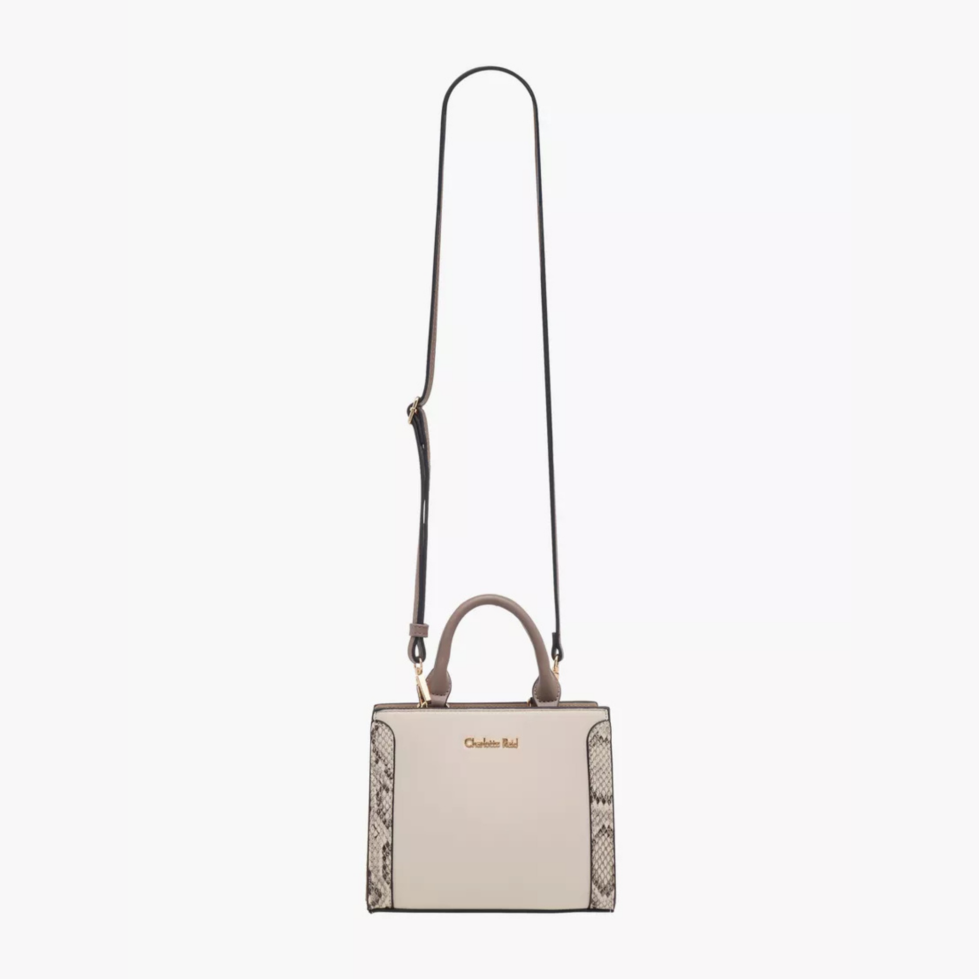 Stylish beige tote with snake-effect trim, zip closure, double handles & crossbody strap. Back slip pocket fits phone, wallet & daily essentials.