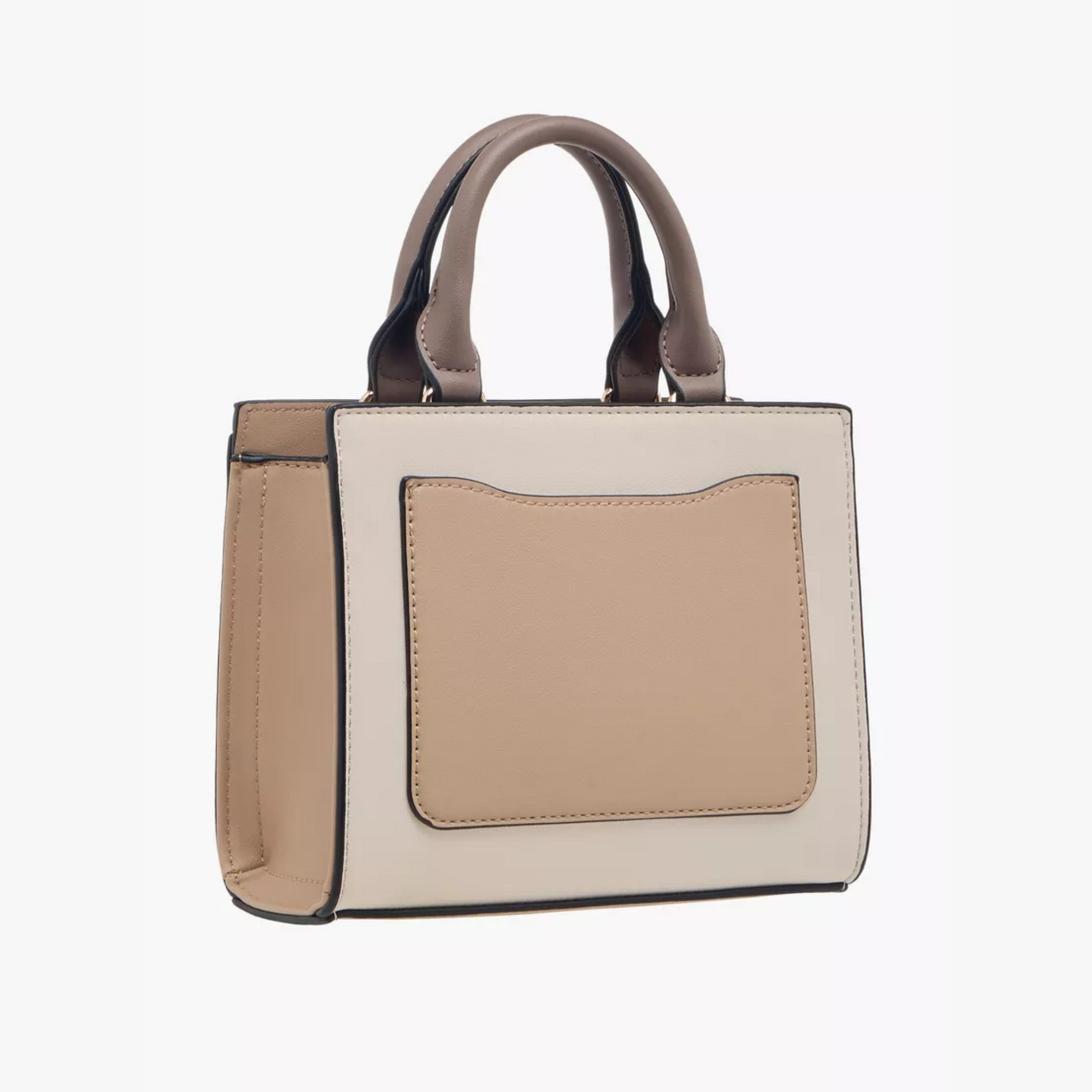 Stylish beige tote with snake-effect trim, zip closure, double handles & crossbody strap. Back slip pocket fits phone, wallet & daily essentials.