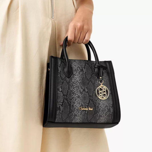 Black Printed Tote Bag with Zip Closure and Detachable Strap
