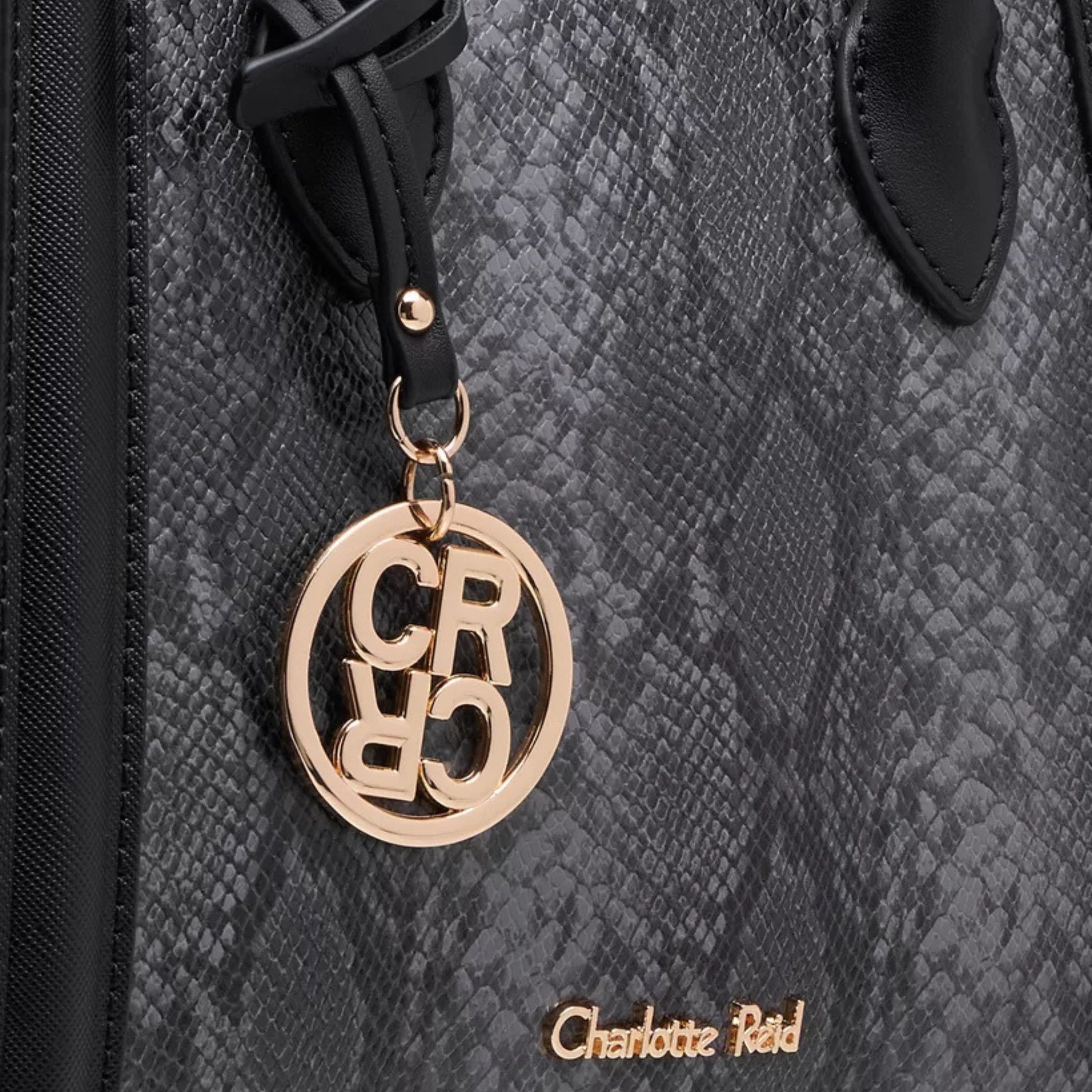 Black Printed Tote Bag with Zip Closure and Detachable Strap