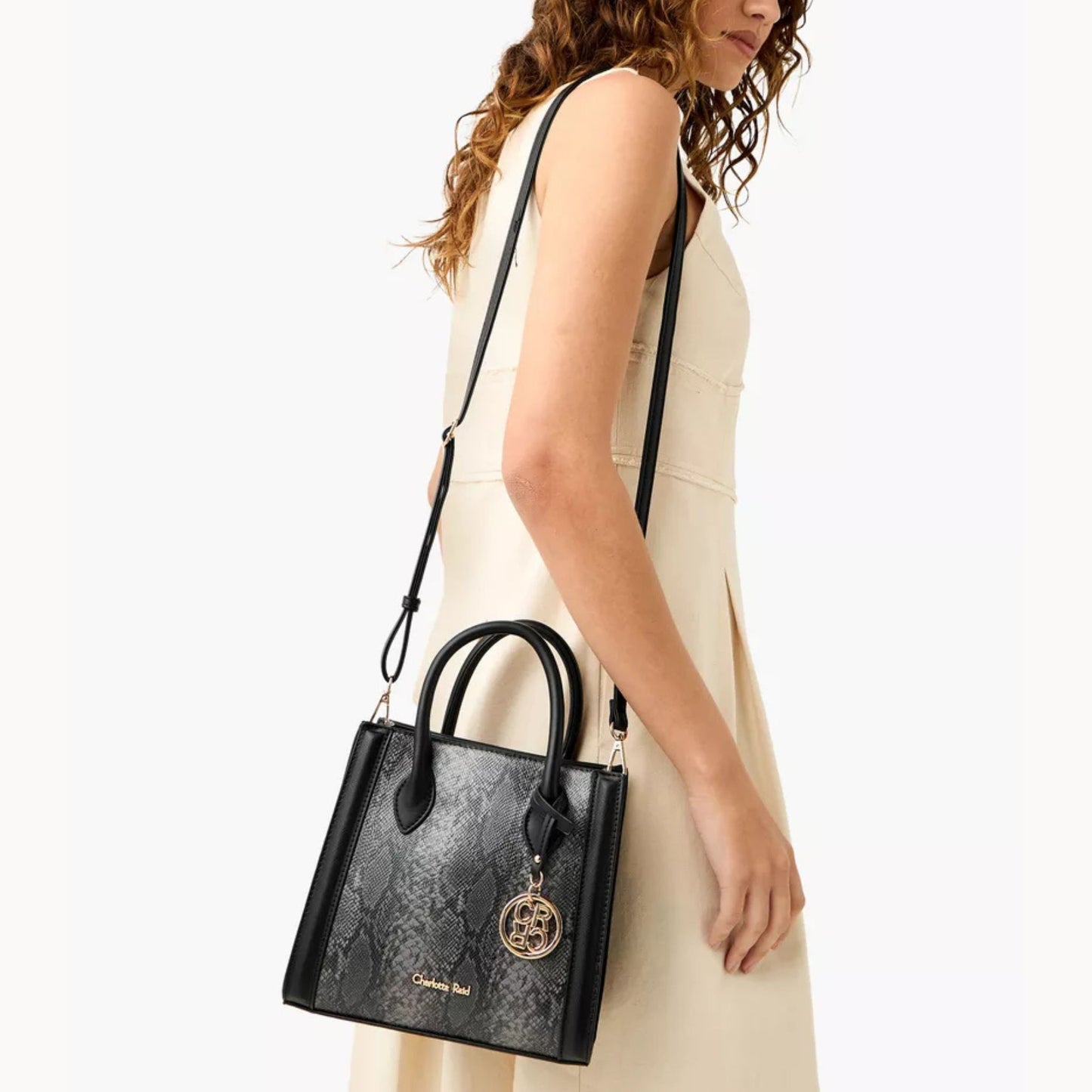 Black Printed Tote Bag with Zip Closure and Detachable Strap