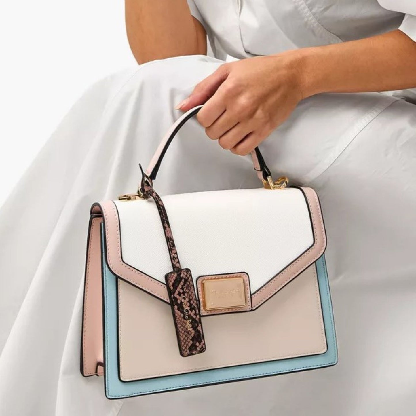 Pastel Colourblock Satchel Bag with Detachable Strap