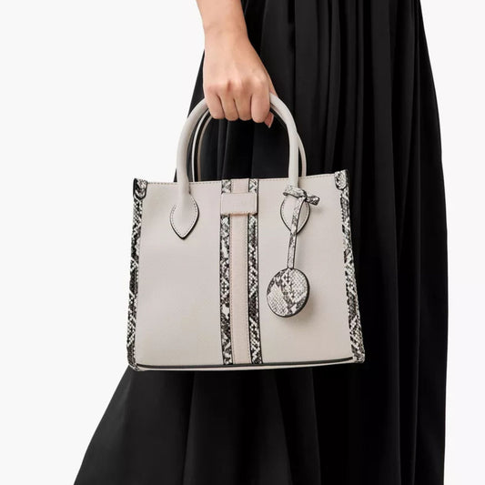 Beige Snake Print Panel Tote Bag with Zip Closure
