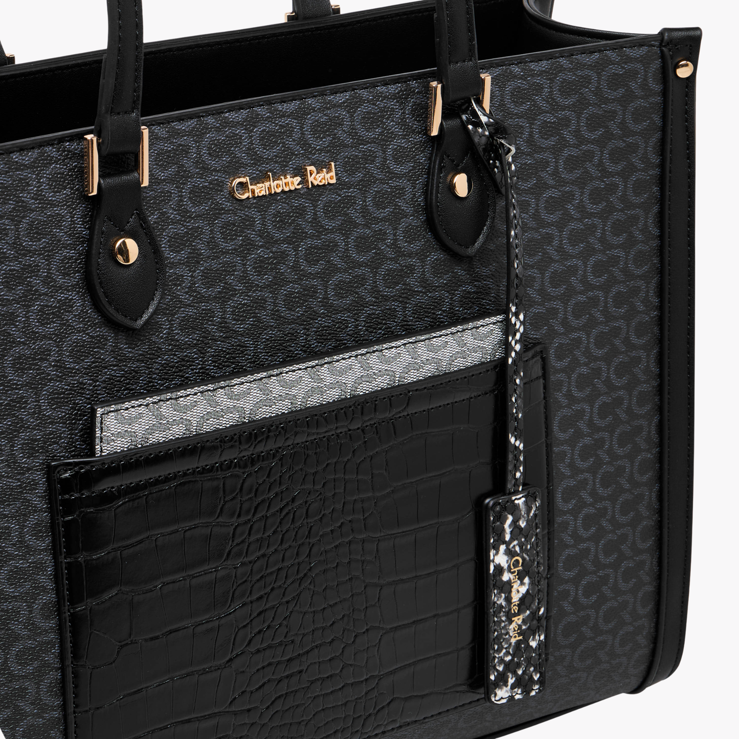 Black Monogram Print Tote Bag with Double Handle