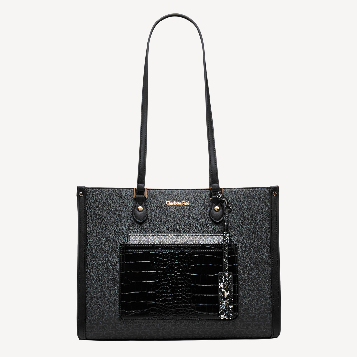Charlotte Reid elegant black shoulder handbag with crocodile‑texture pocket, gold branding & spacious design for modern women.