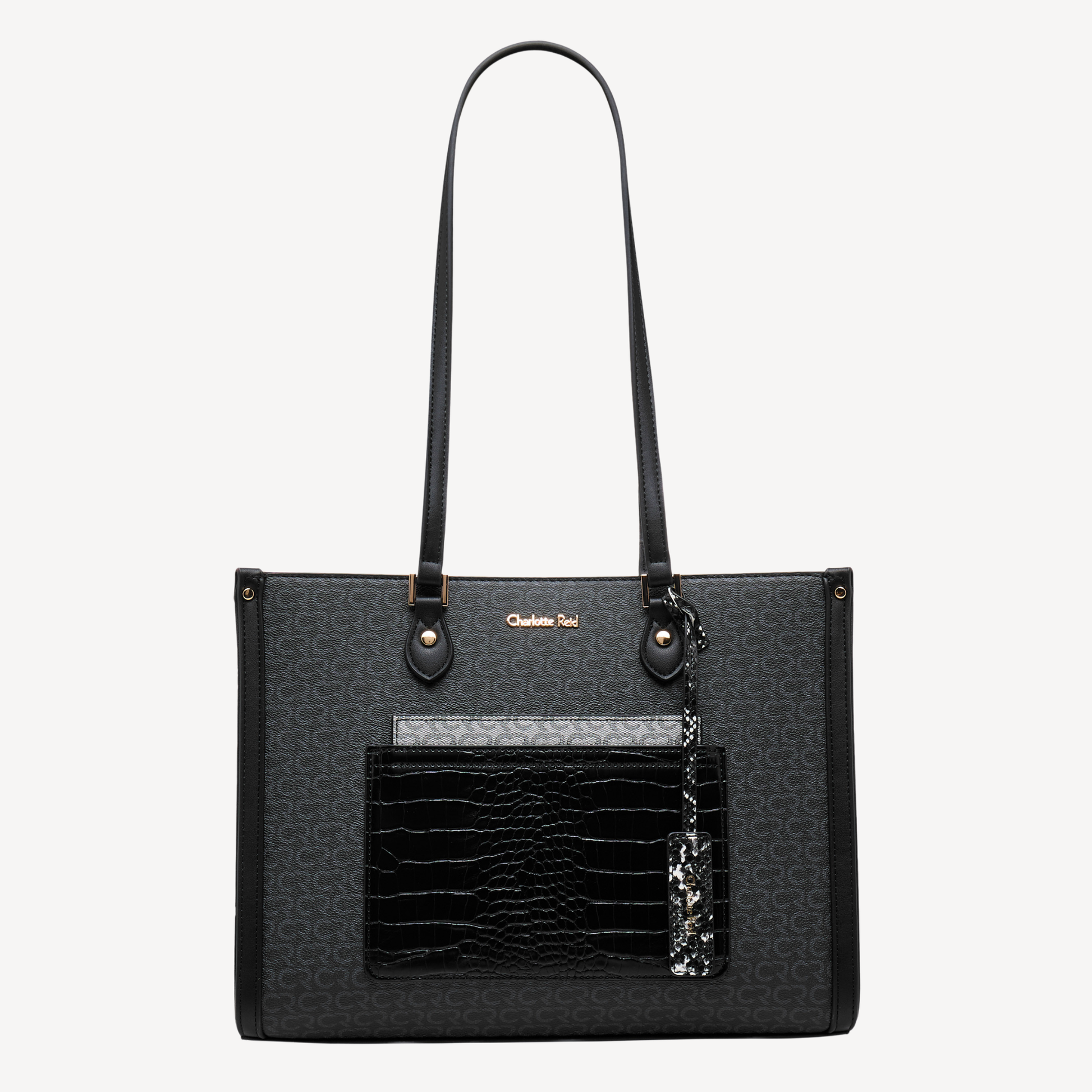 Charlotte Reid elegant black shoulder handbag with crocodile‑texture pocket, gold branding & spacious design for modern women.