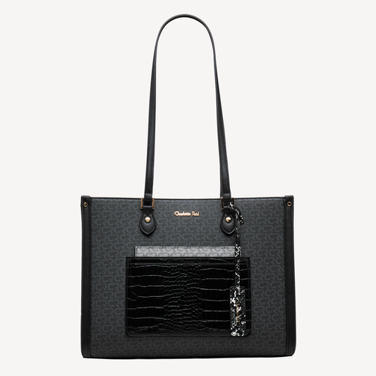 Charlotte Reid elegant black shoulder handbag with crocodile‑texture pocket, gold branding & spacious design for modern women.