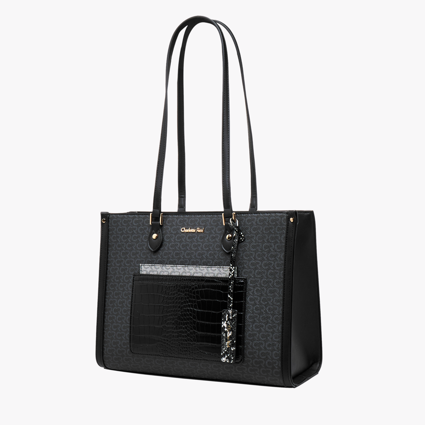Black Monogram Print Tote Bag with Double Handle