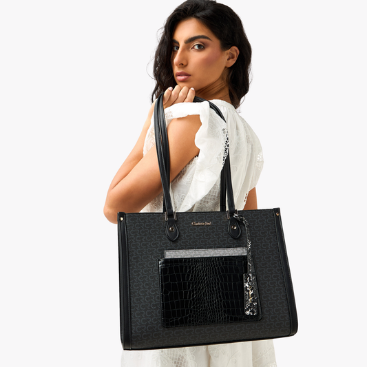 Black Monogram Print Tote Bag with Double Handle