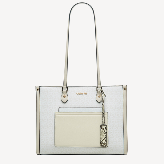 Charlotte Reid elegant beige shoulder handbag with outer pocket, gold branding & spacious design for modern women.