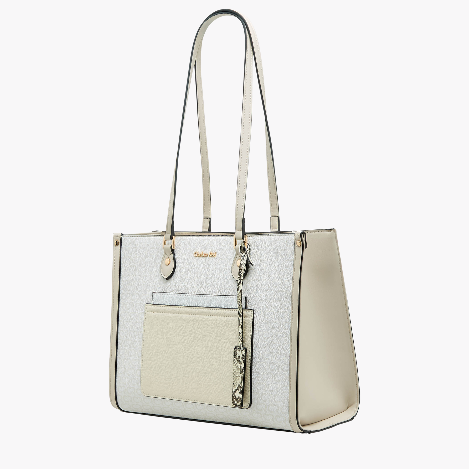Charlotte Reid elegant beige shoulder handbag with outer pocket, gold branding & spacious design for modern women.