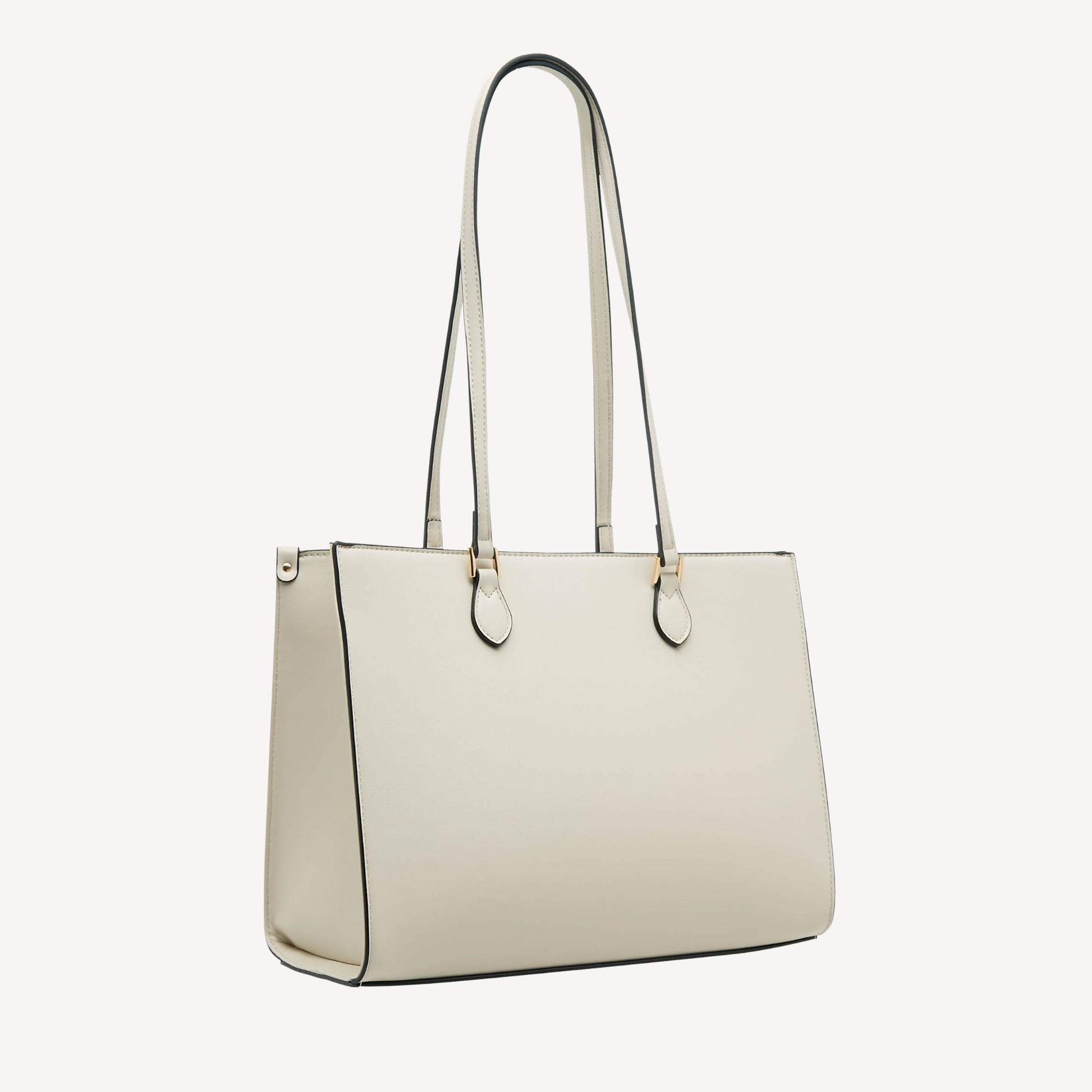 Charlotte Reid elegant beige shoulder handbag with outer pocket, gold branding & spacious design for modern women.