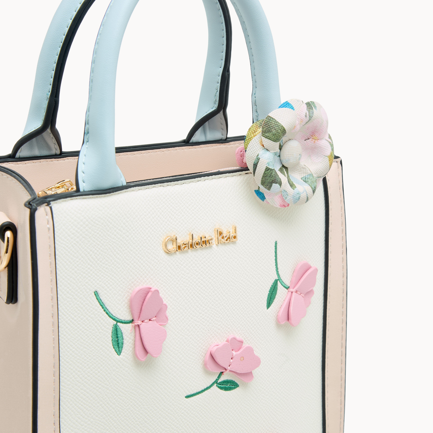 White Floral Applique Tote Bag with Detachable Strap