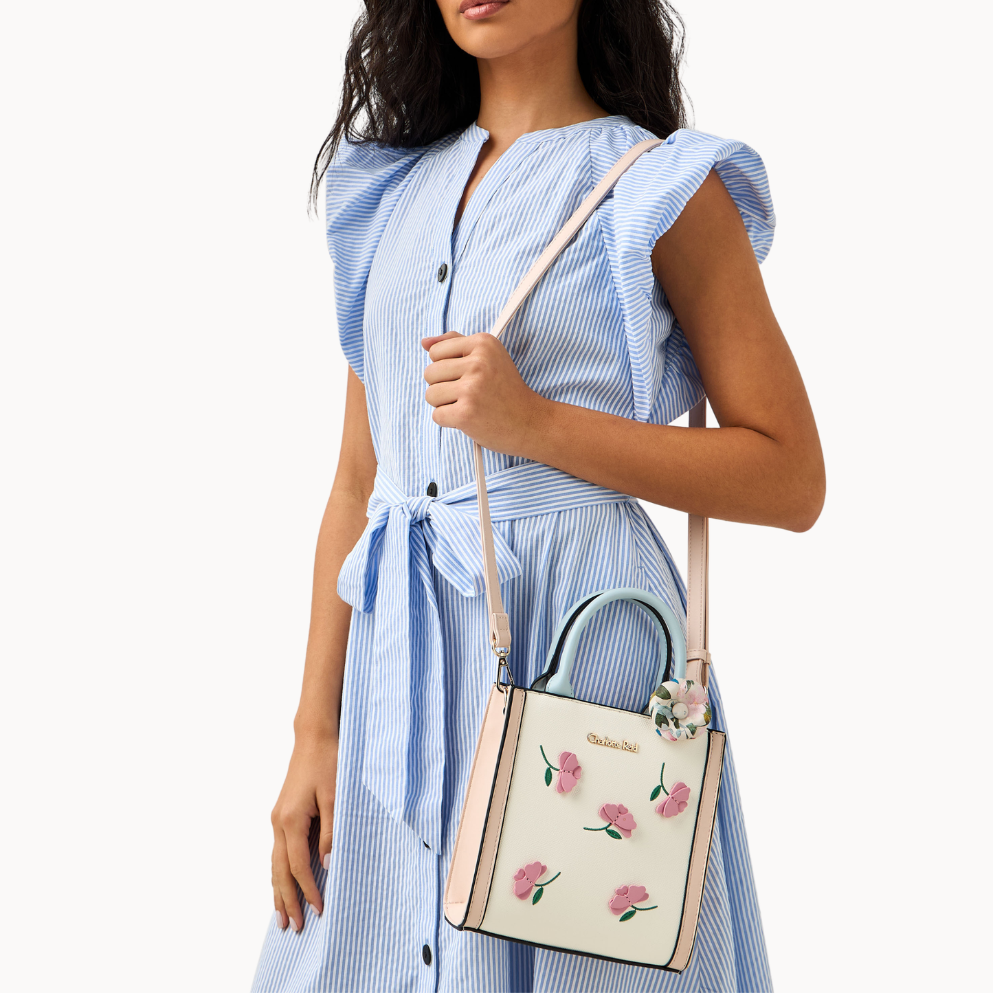 White Floral Applique Tote Bag with Detachable Strap