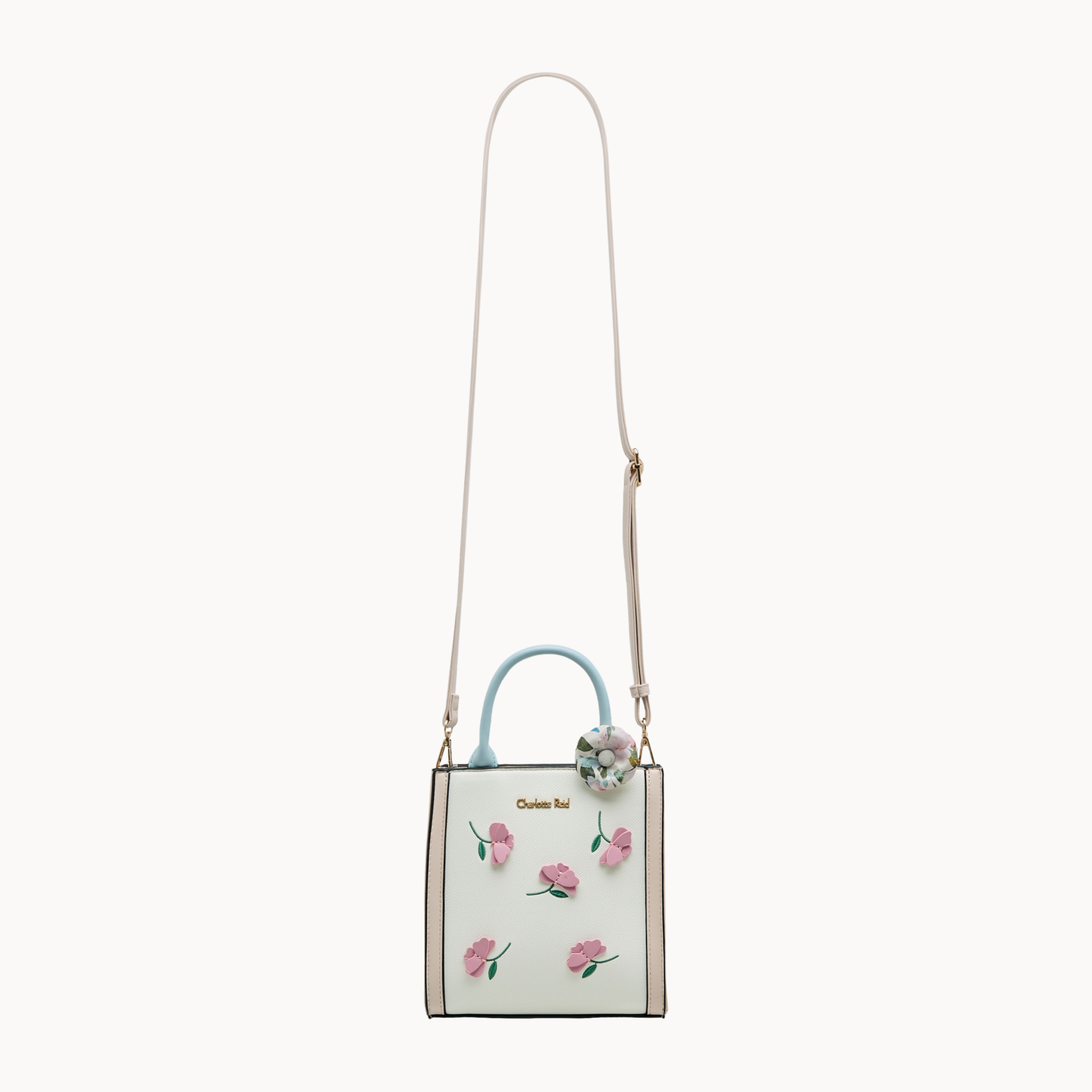 White Floral Applique Tote Bag with Detachable Strap