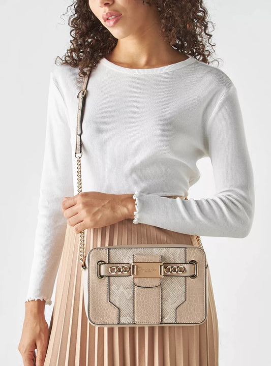 Beige Multi-Textured Crossbody Bag with Gold Chain Strap