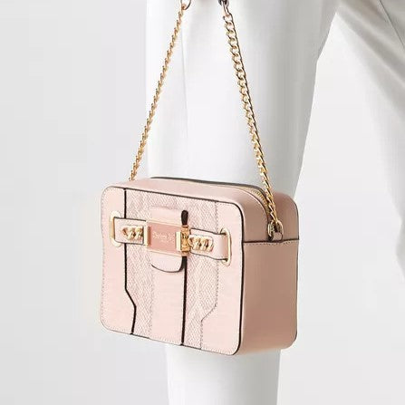 Pink Multi-Textured Crossbody Bag with Gold Chain Strap