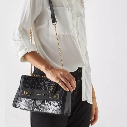 Black Printed Textured Crossbody Bag with Gold Chain Strap