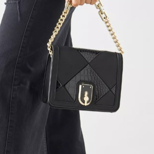 Black Patchwork Crossbody Bag with Gold Chain