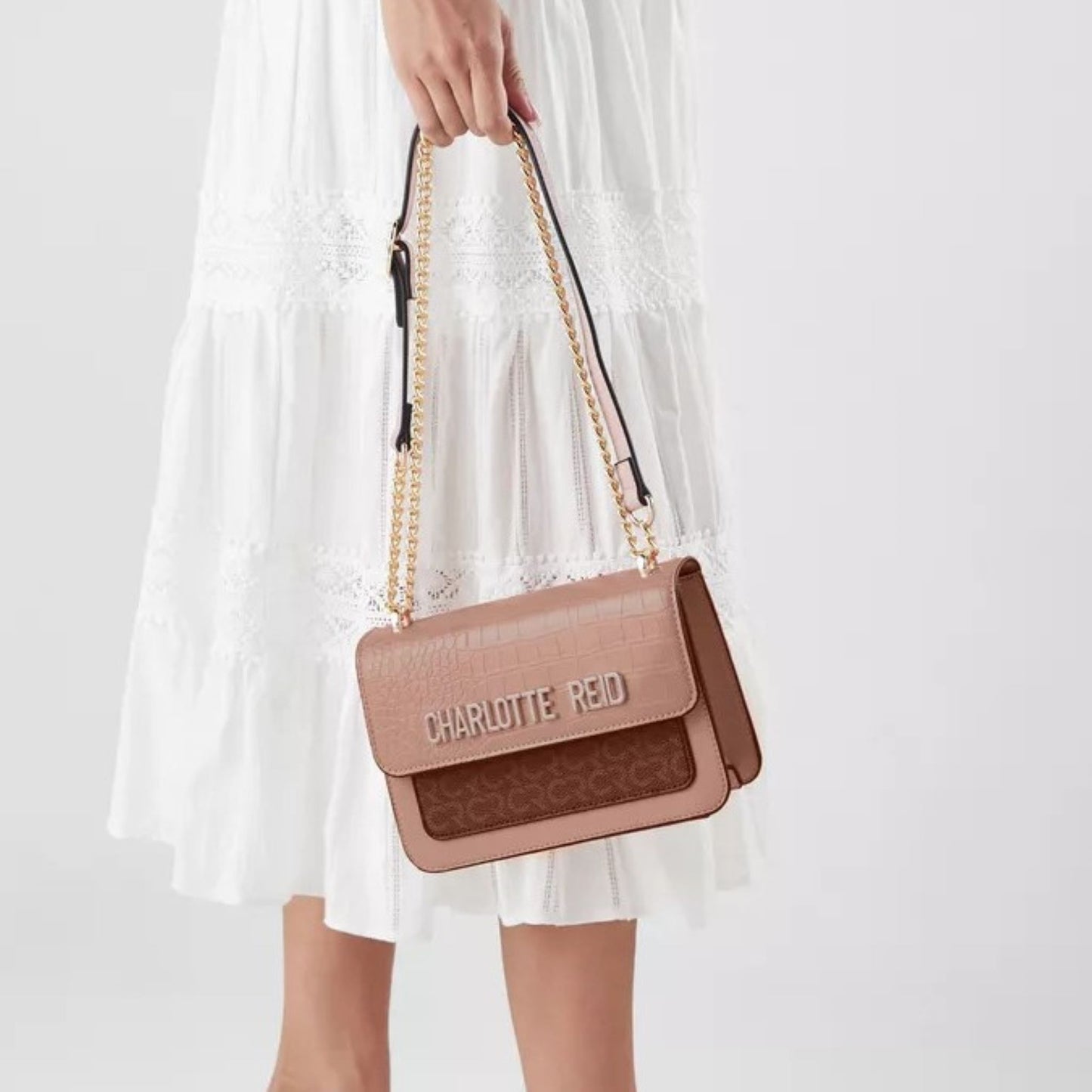 Nude Textured Satchel with Chain Sling