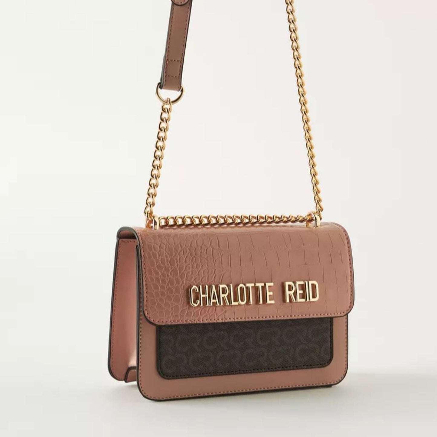 Nude Textured Satchel with Chain Sling