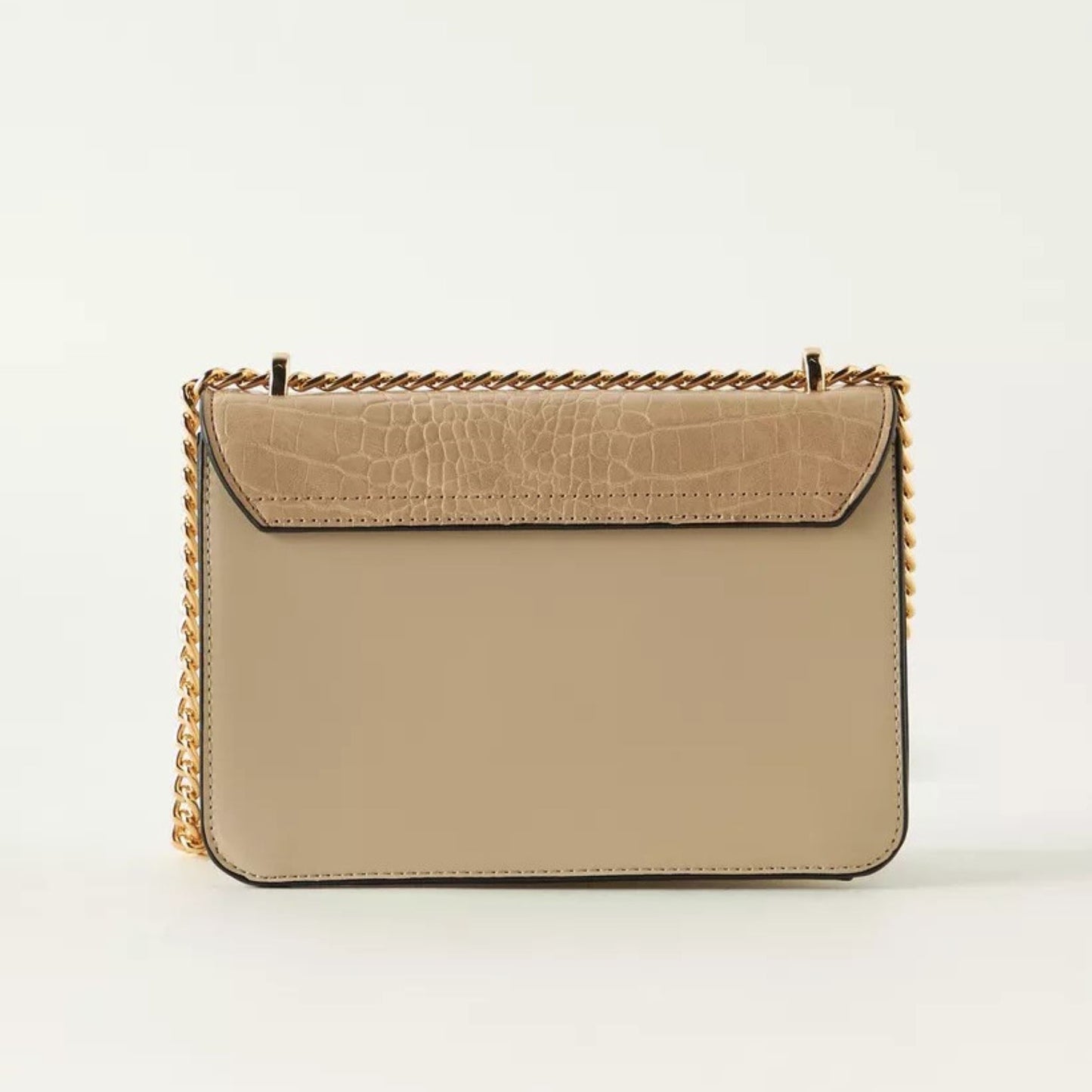 Beige Textured Satchel with Chain Sling