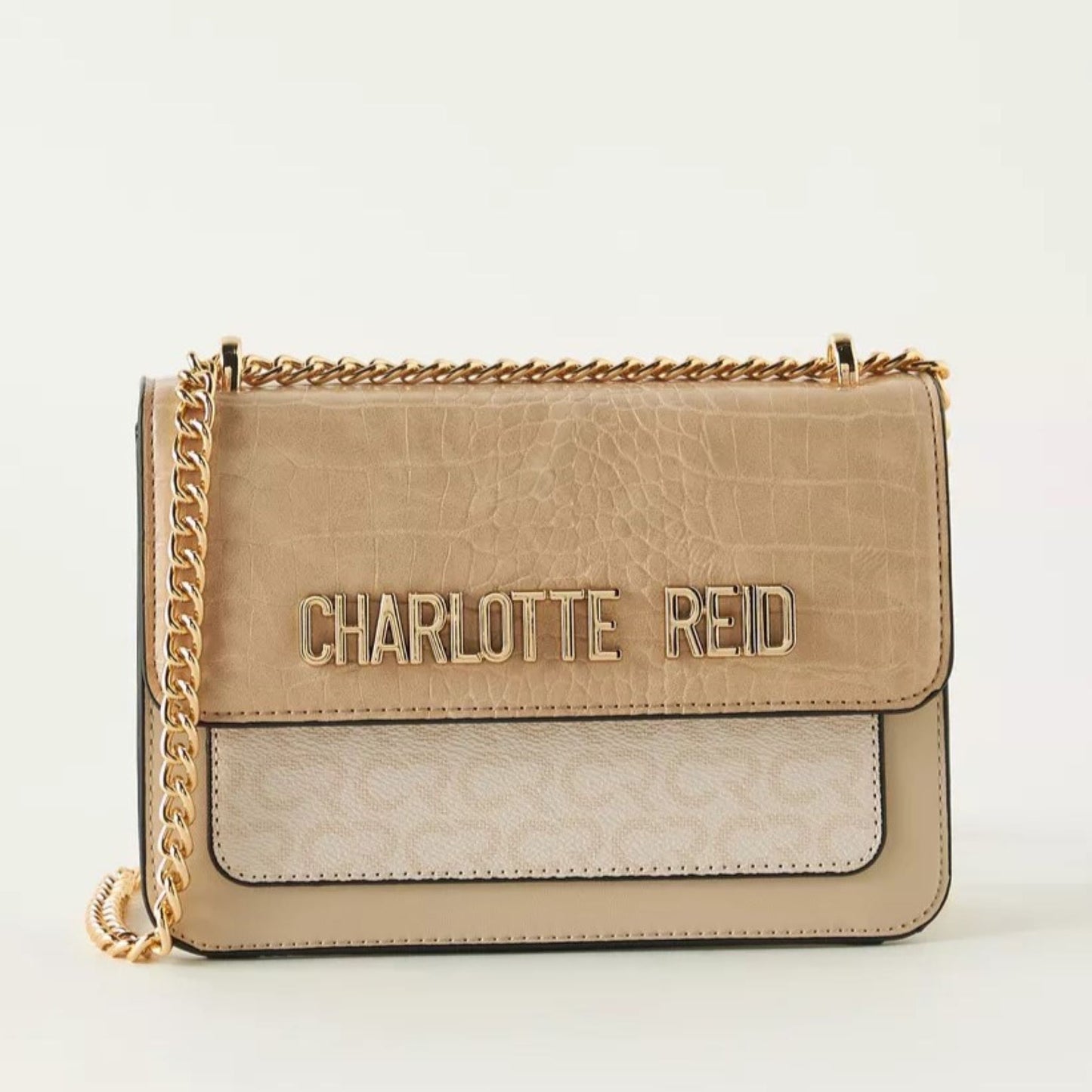 Beige Textured Shoulder Bag with Chain Sling