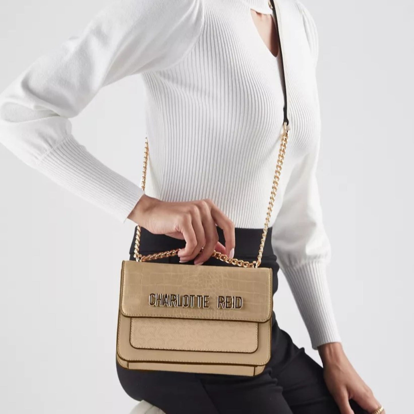 Beige Textured Shoulder Bag with Chain Sling