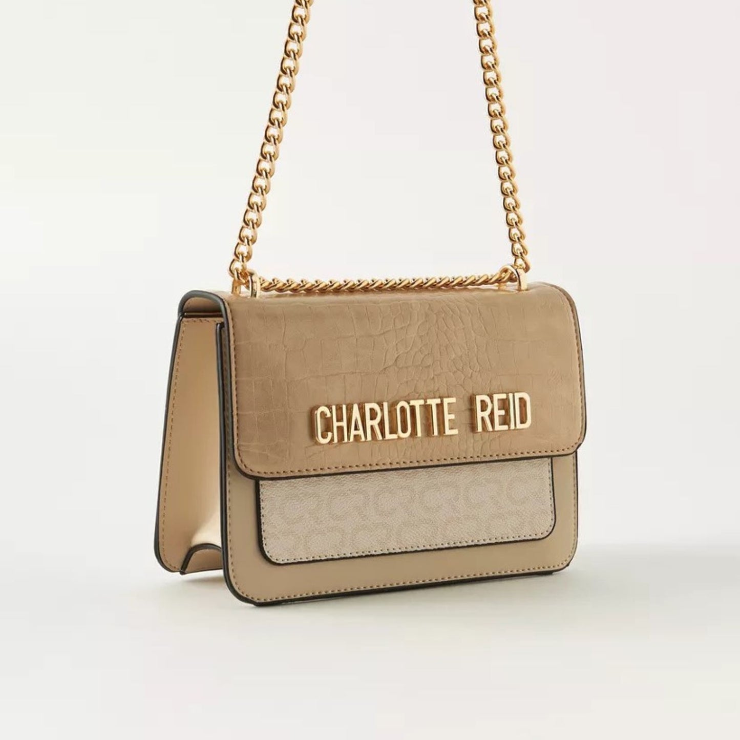 Beige Textured Satchel with Chain Sling