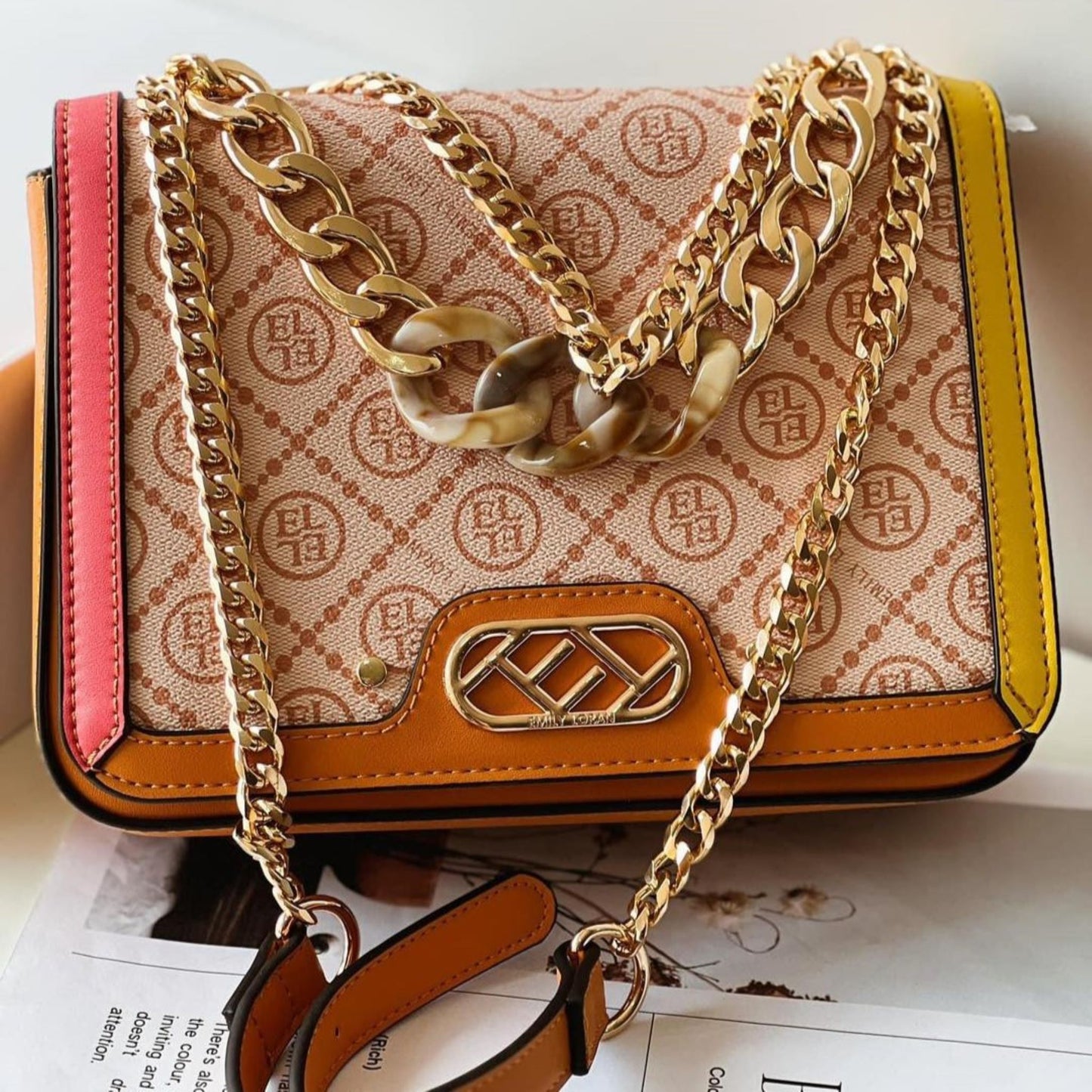 Beige Multicolour Monogram Crossbody Bag with Chain Accent