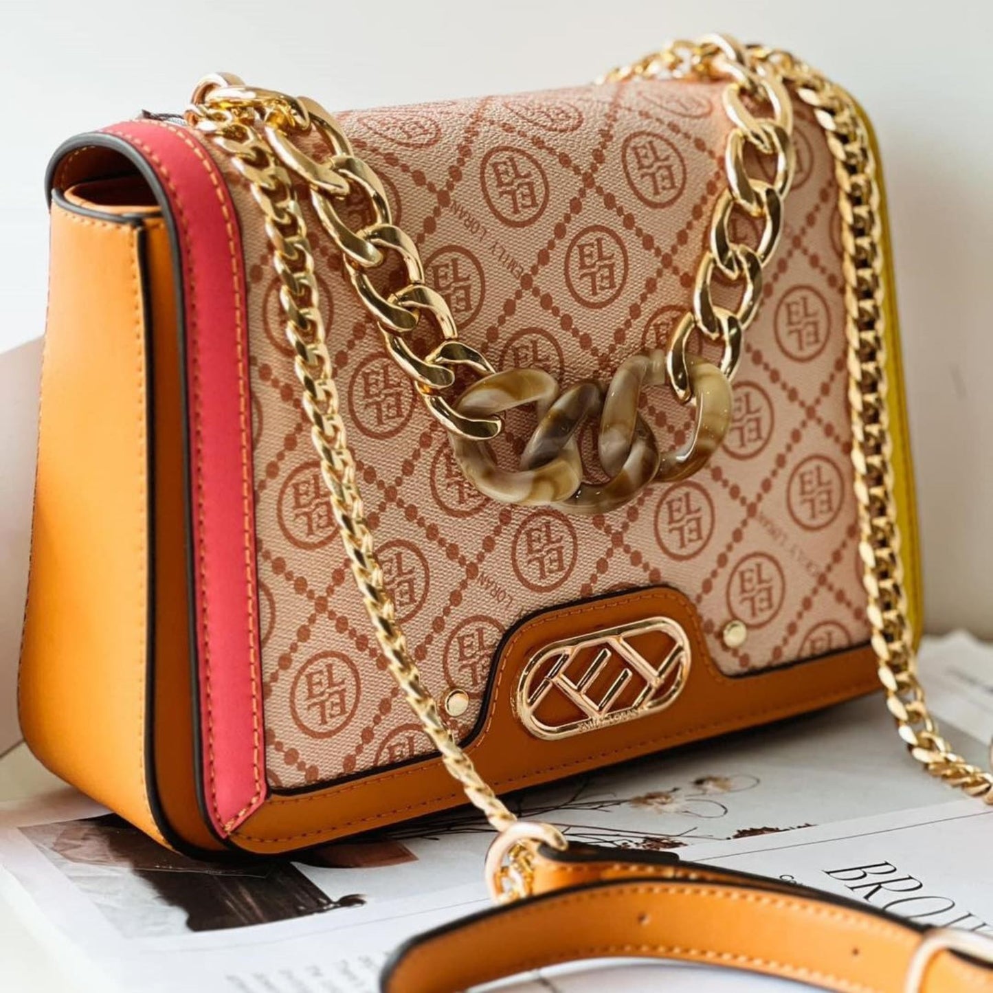 Beige Multicolour Monogram Crossbody Bag with Chain Accent