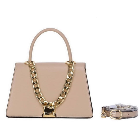 Beige Satchel Tote with Chunky Chain Accent