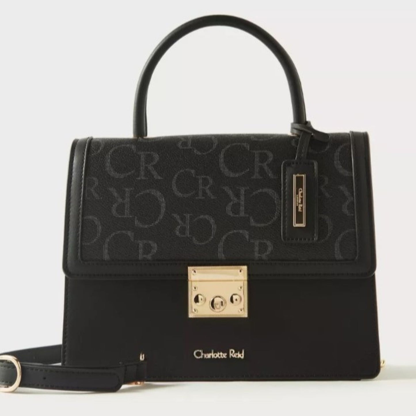 Black Top Handle Monogram Printed Satchel Tote