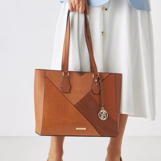 Tan Patched Tote Bag with Double Handles