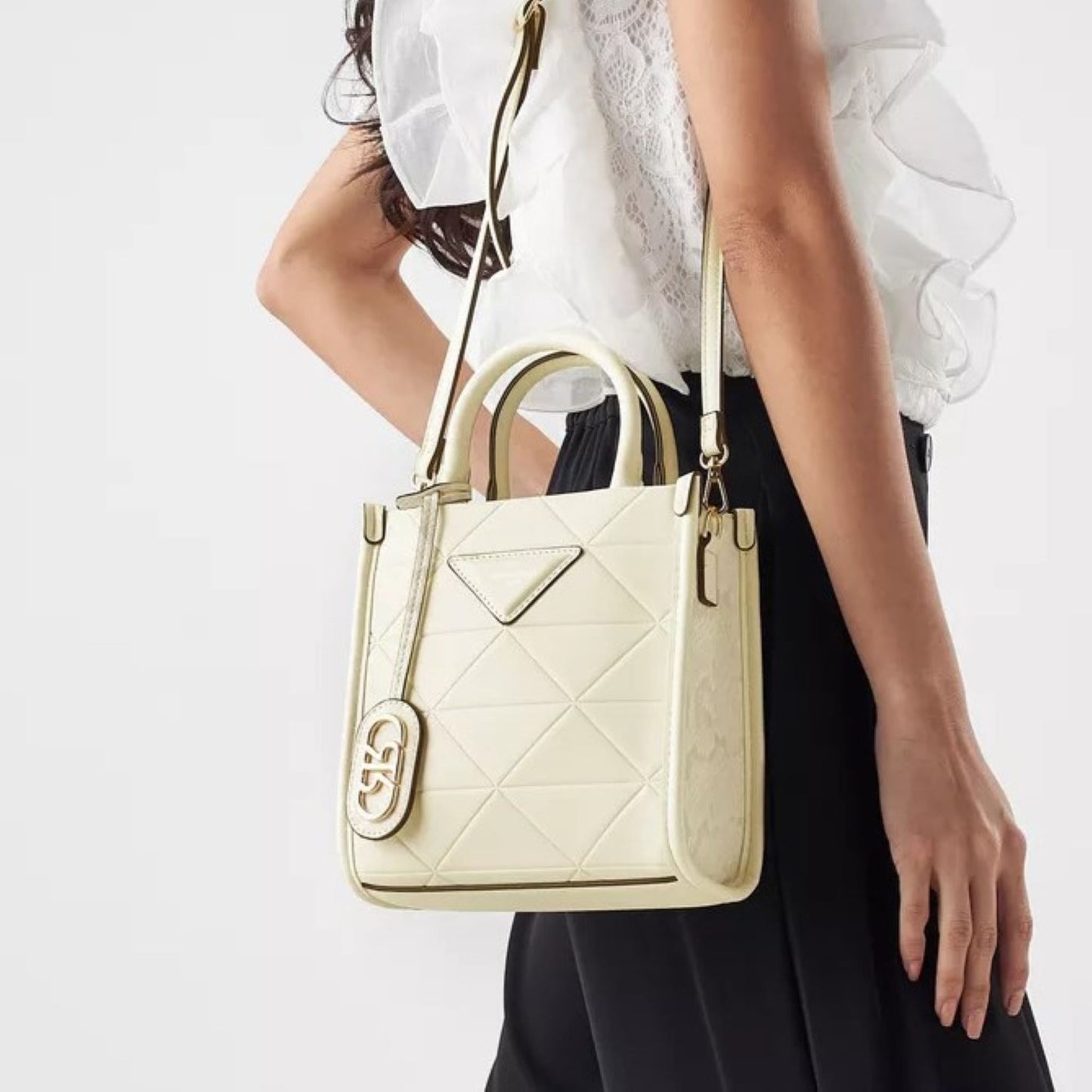 Off White Quilted Tote Bag with Double Handle