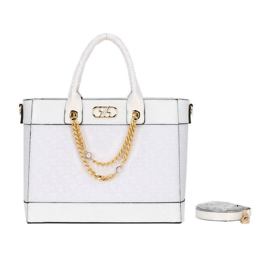 White Textured Top Handle Satchel Tote Bag with Chain Accent