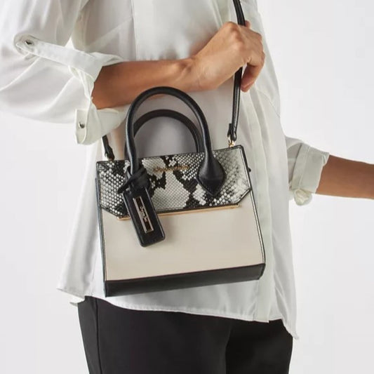 Black & Beige Textured Top Handle Bag with Detachable Strap