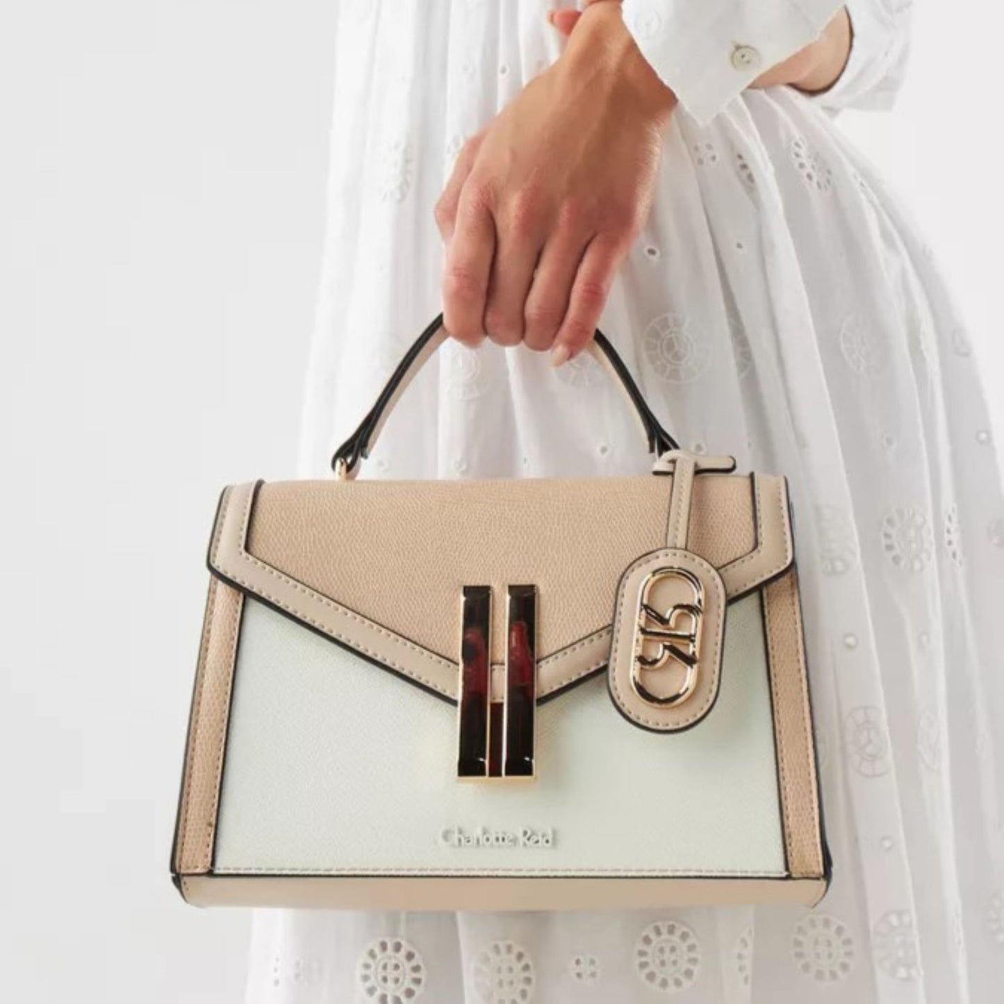 Beige Nude Colourblock Top Handle Bag