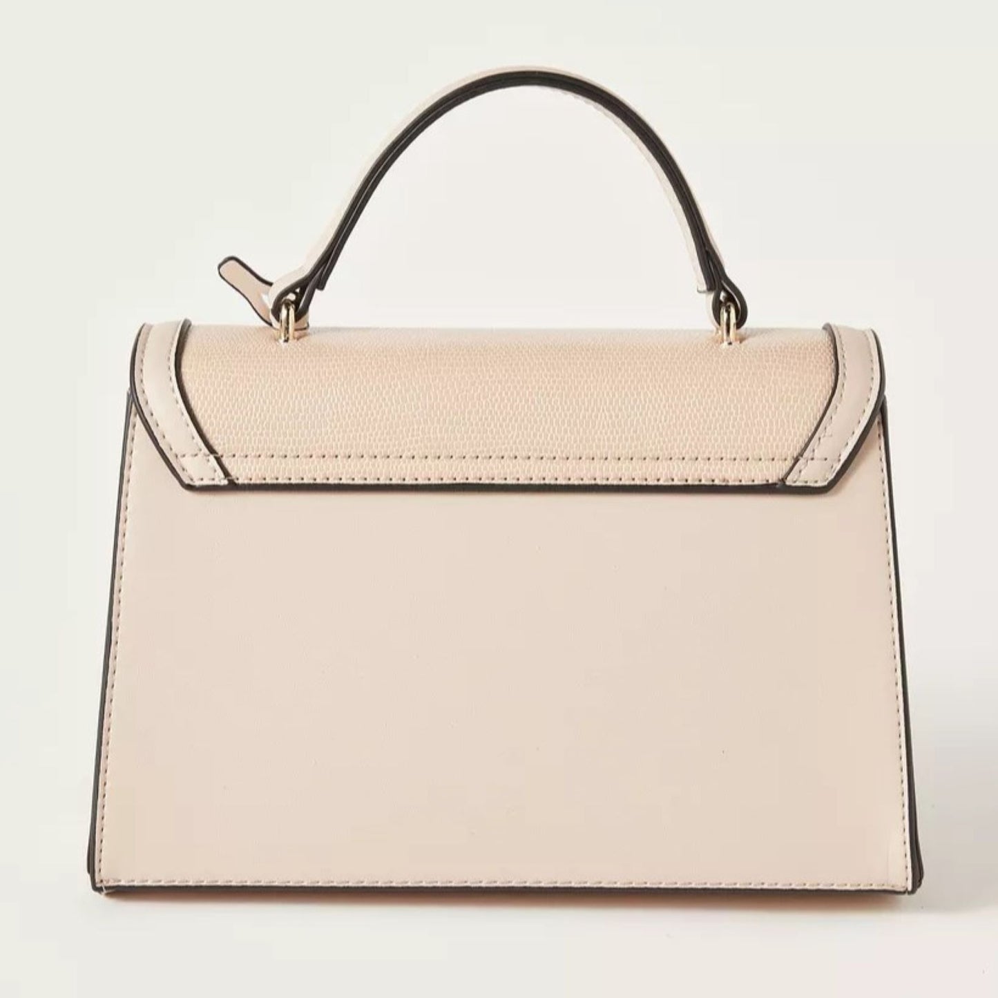 Satchel tote handbag , magnetic flap closure, adjustable removable strap, top handle in beige and white combination.  