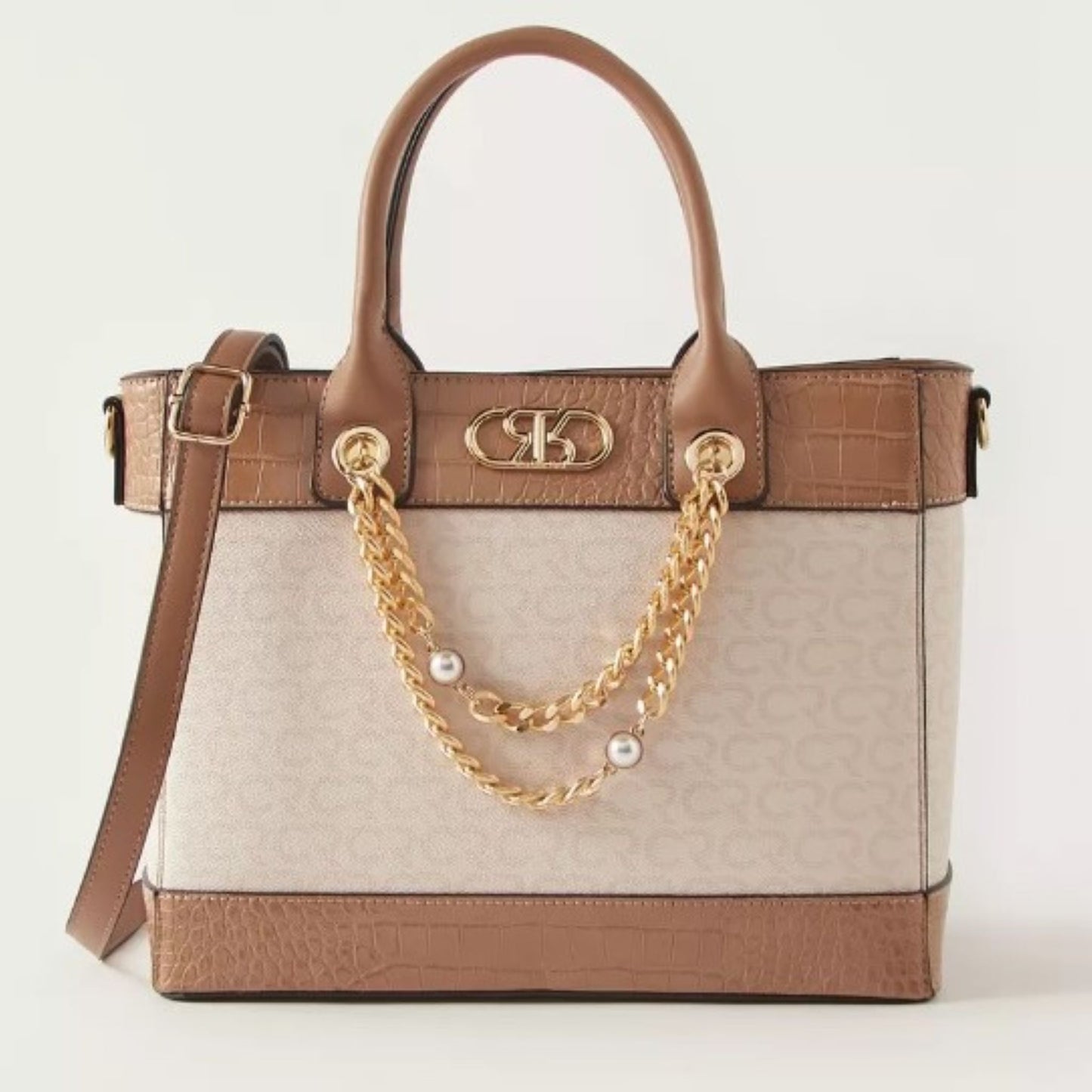 Beige and Tan Textured Top Handle Satchel Tote Bag with Chain Accent