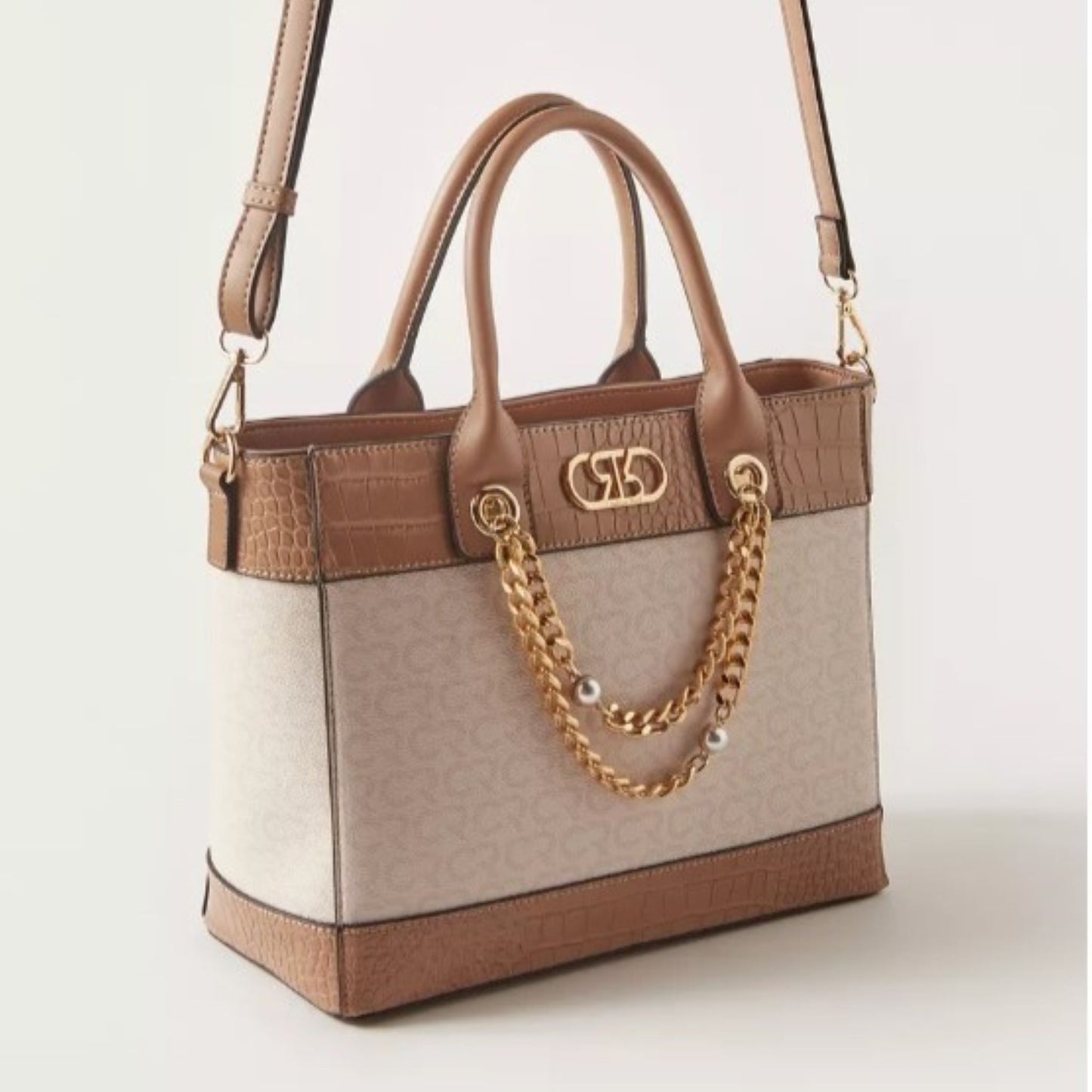 Beige and Tan Textured Top Handle Satchel Tote Bag with Chain Accent