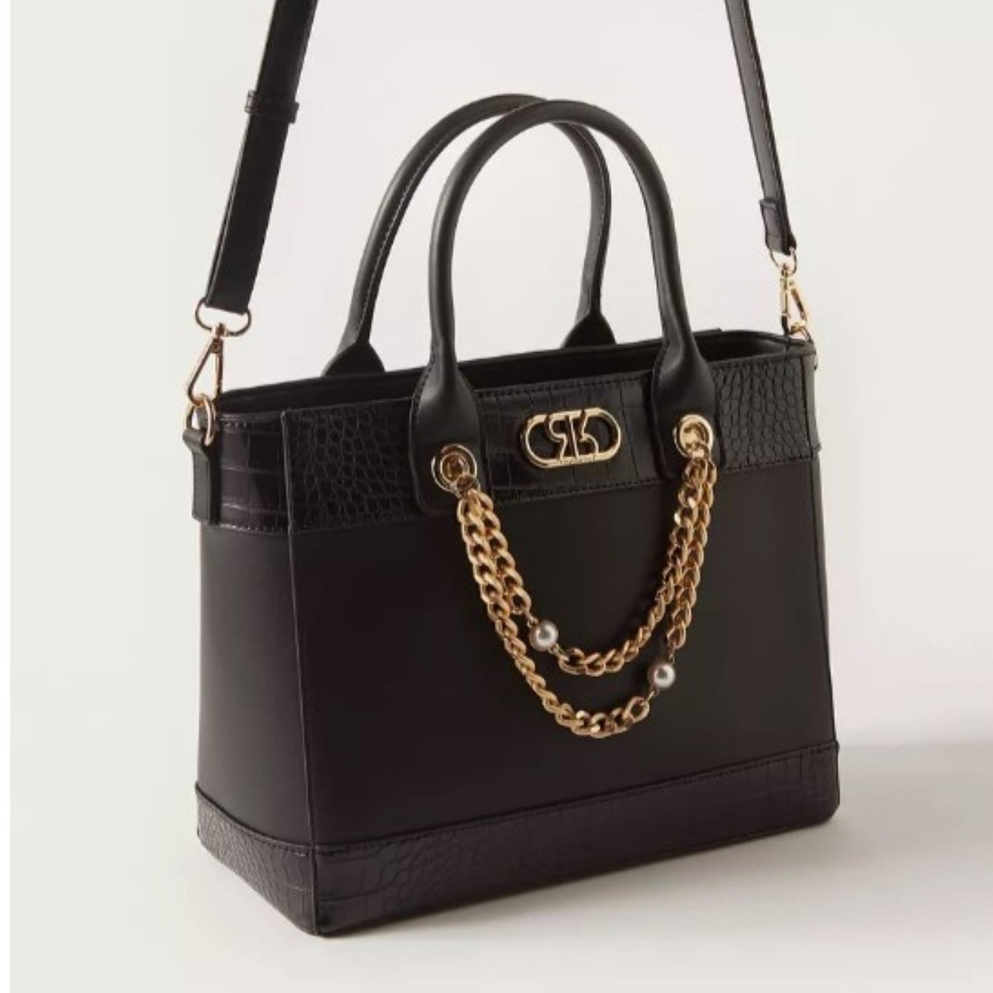 Black Textured Top Handle Satchel Tote Bag with Chain Accent