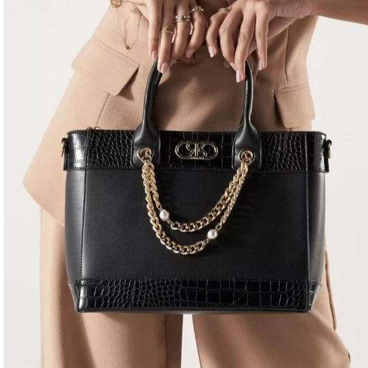 Black Textured Top Handle Satchel Tote Bag with Chain Accent