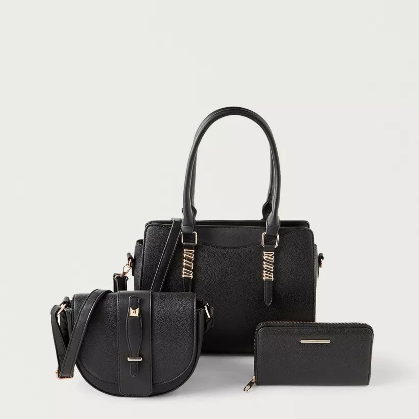 Black 3 piece Quilted Design Bag Set featuring Flapover Crossbody