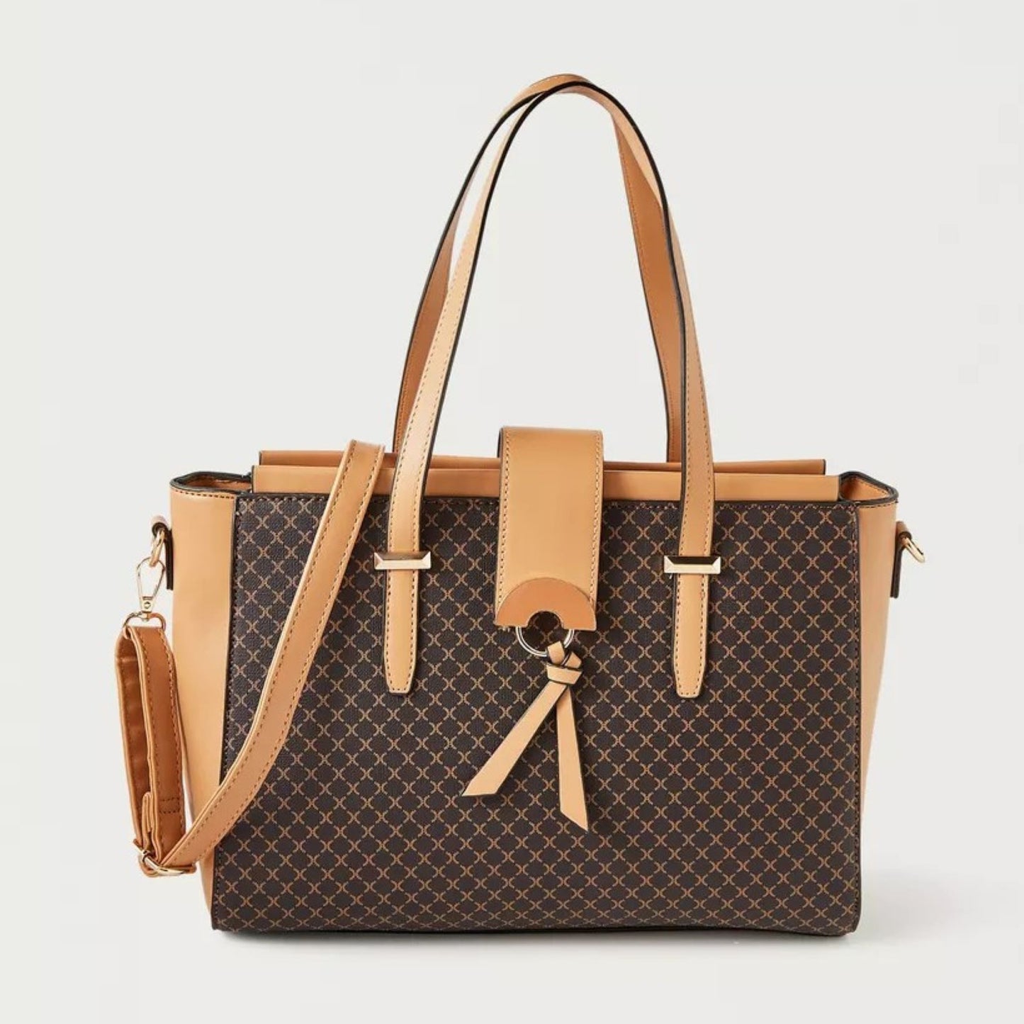 Brown 3 piece Quilted Design Bag Set featuring Flapover Crossbody