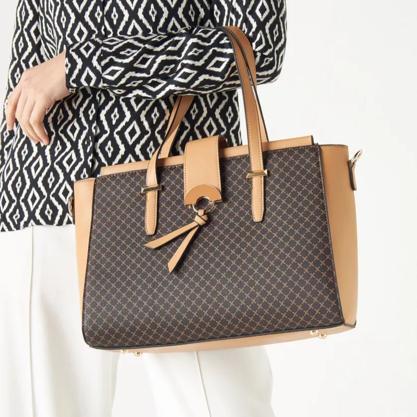 Brown 3 piece Quilted Design Bag Set featuring Flapover Crossbody