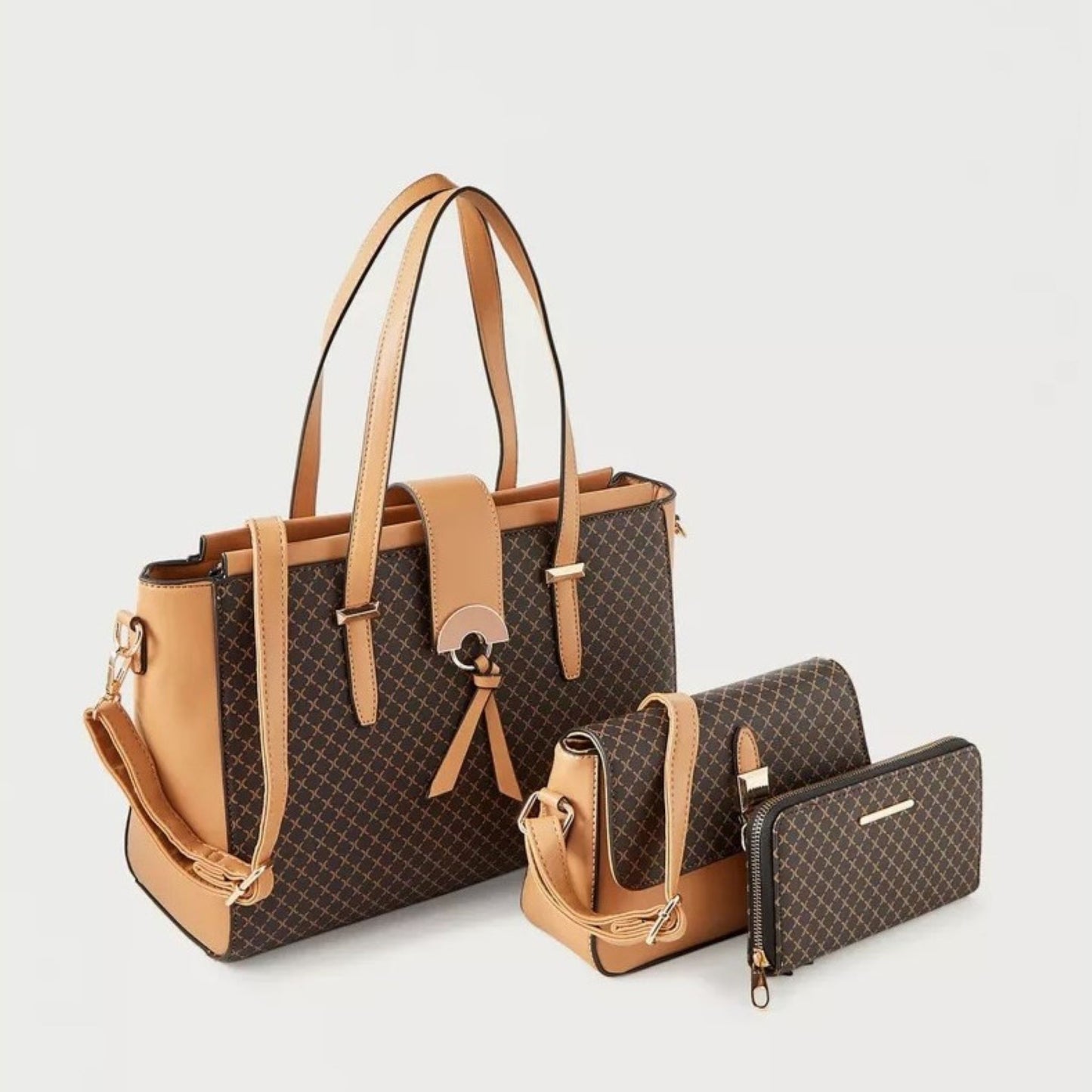 Brown 3 piece Quilted Design Bag Set featuring Flapover Crossbody